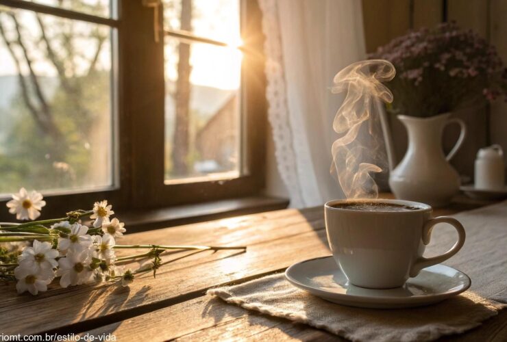 Café da manhã aconchegante com luz suave e flores delicadas.