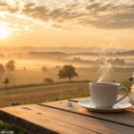 Imagem de um amanhecer suave com tons dourados, uma xícara de café quente sobre uma mesa de madeira e flores frescas ao redor.