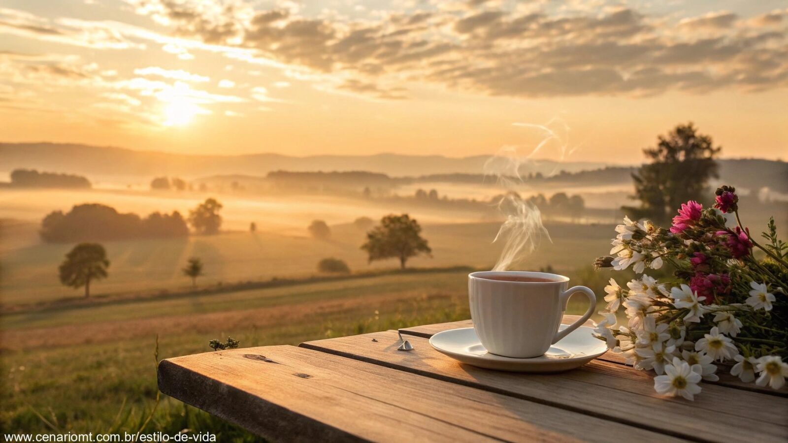 Imagem de um amanhecer suave com tons dourados, uma xícara de café quente sobre uma mesa de madeira e flores frescas ao redor.
