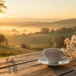 Imagem de uma manhã tranquila e acolhedora com raios de sol dourados sobre o campo, uma xícara de café sobre uma mesa de madeira rodeada por flores.