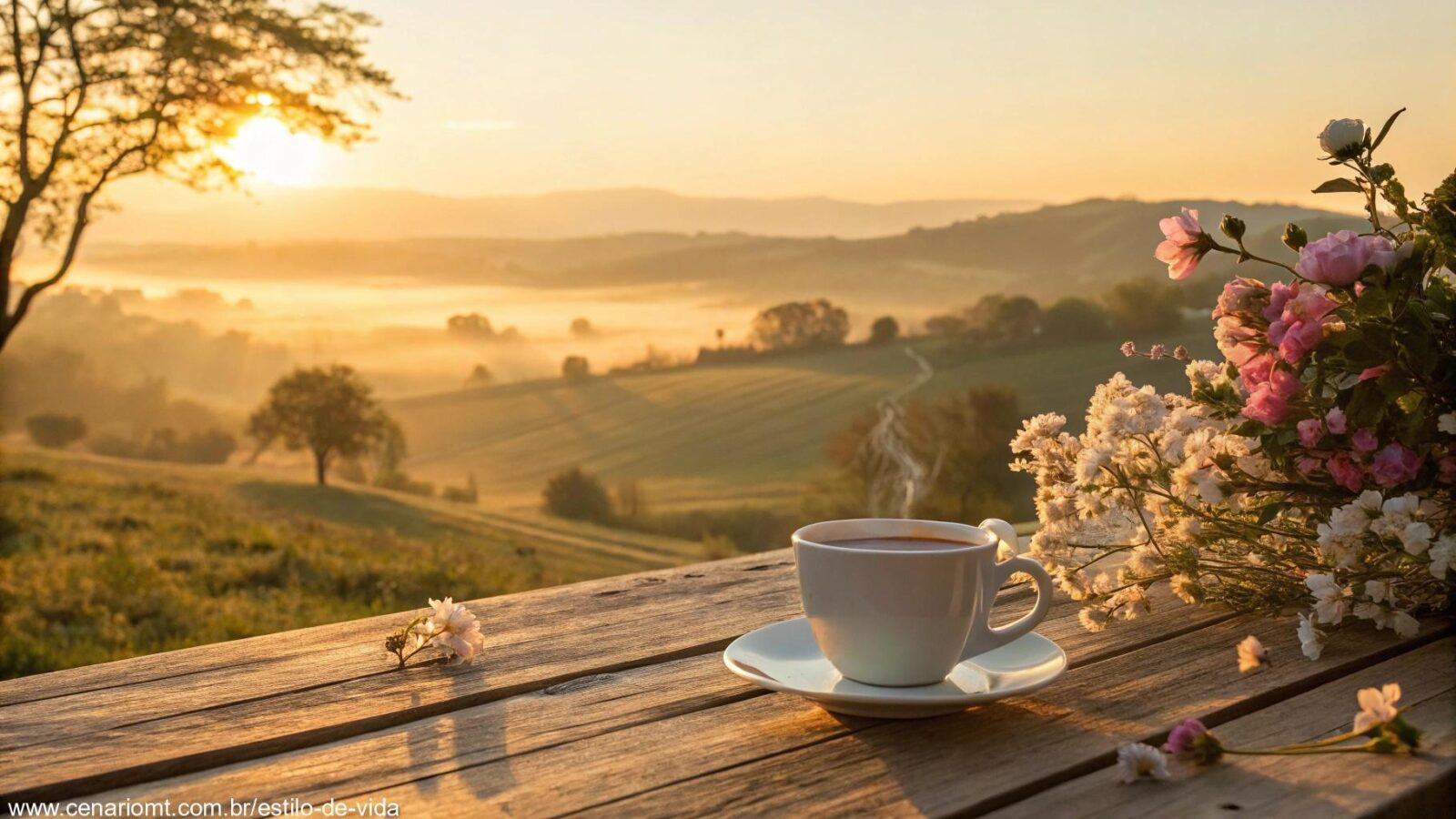 Imagem de uma manhã tranquila e acolhedora com raios de sol dourados sobre o campo, uma xícara de café sobre uma mesa de madeira rodeada por flores.