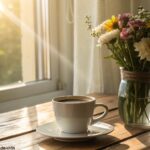 Cena tranquila e acolhedora de uma manhã com uma xícara de café em uma mesa de madeira ao lado de um vaso com flores frescas, luz suave entrando pela janela, criando uma atmosfera positiva e acolhedora para o início da semana.