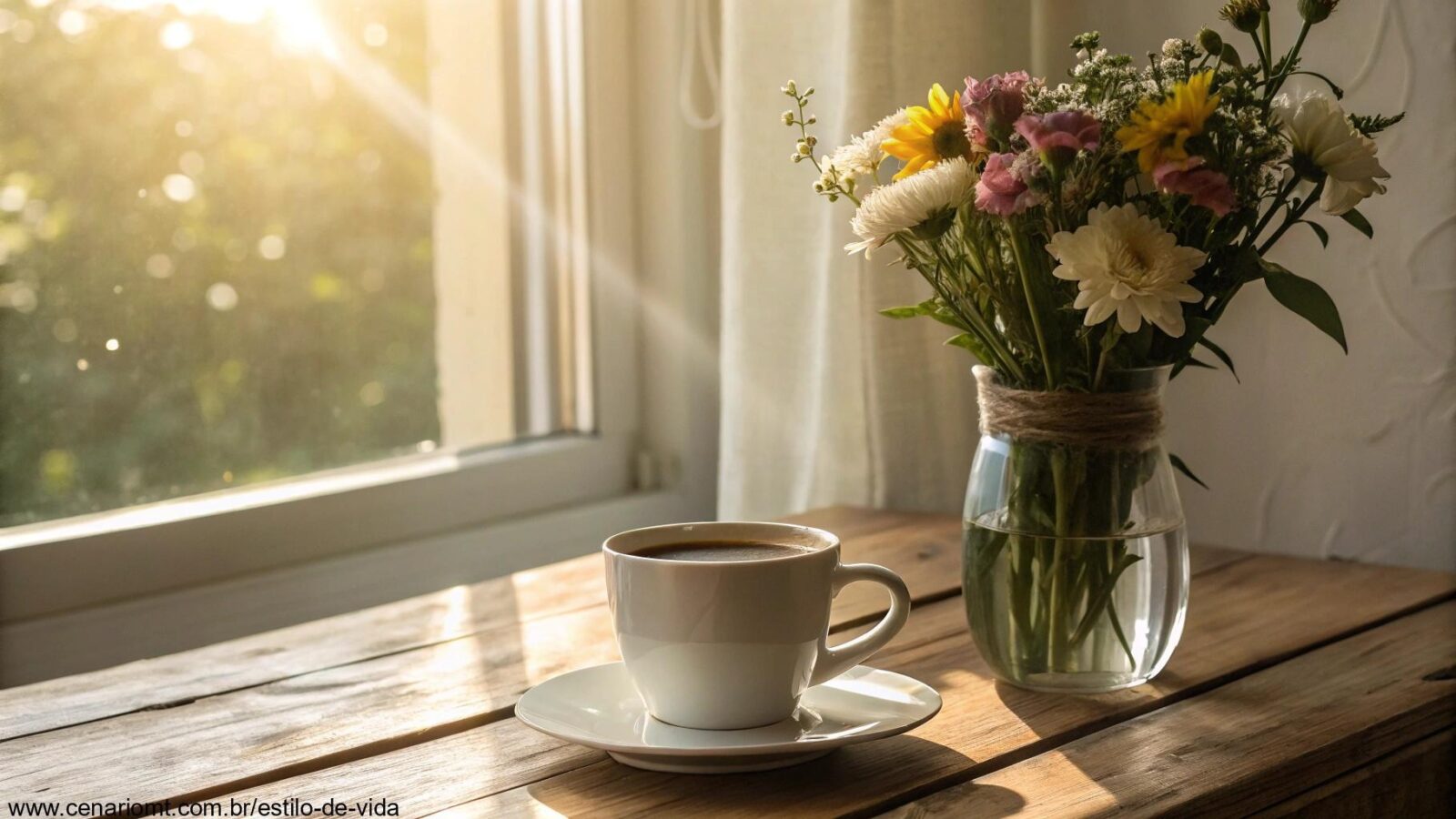 Cena tranquila e acolhedora de uma manhã com uma xícara de café em uma mesa de madeira ao lado de um vaso com flores frescas, luz suave entrando pela janela, criando uma atmosfera positiva e acolhedora para o início da semana.