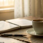Cena tranquila de manhã com luz suave, uma xícara de café sobre a mesa, caderno e caneta ao lado, tons quentes, atmosfera serena