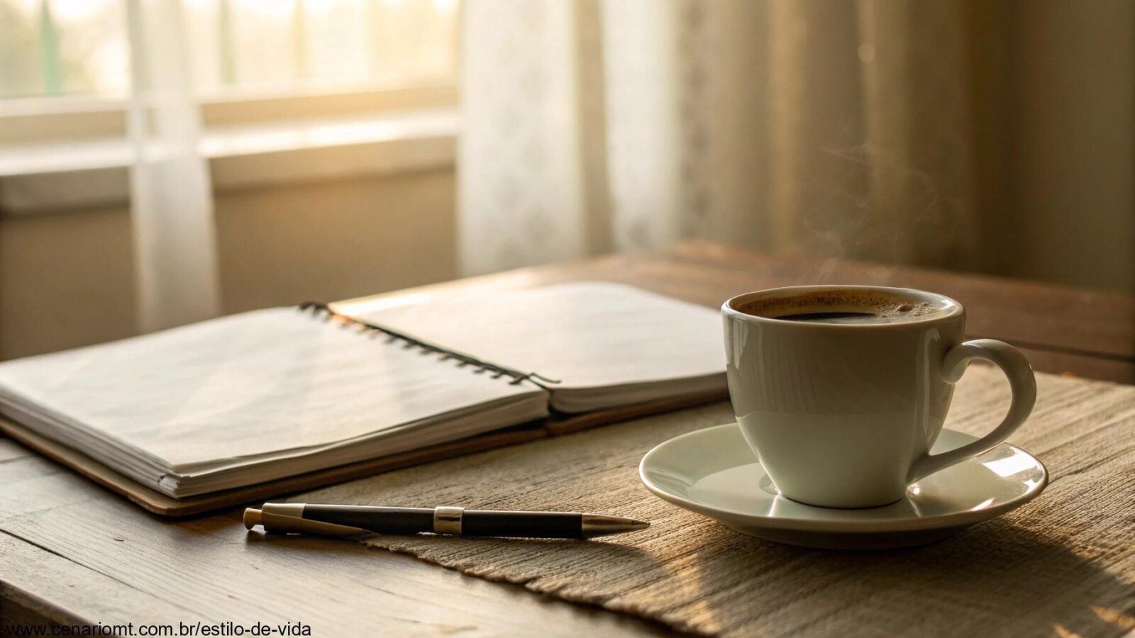 Cena tranquila de manhã com luz suave, uma xícara de café sobre a mesa, caderno e caneta ao lado, tons quentes, atmosfera serena