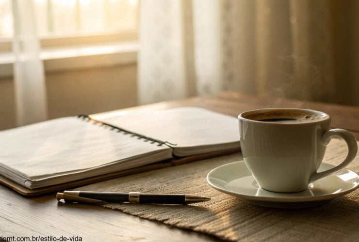 Cena tranquila de manhã com luz suave, uma xícara de café sobre a mesa, caderno e caneta ao lado, tons quentes, atmosfera serena