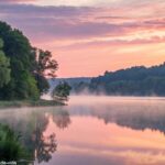 Um nascer do sol sereno sobre um lago calmo com cores pastéis suaves, cercado por árvores verdes exuberantes e uma névoa suave subindo da água