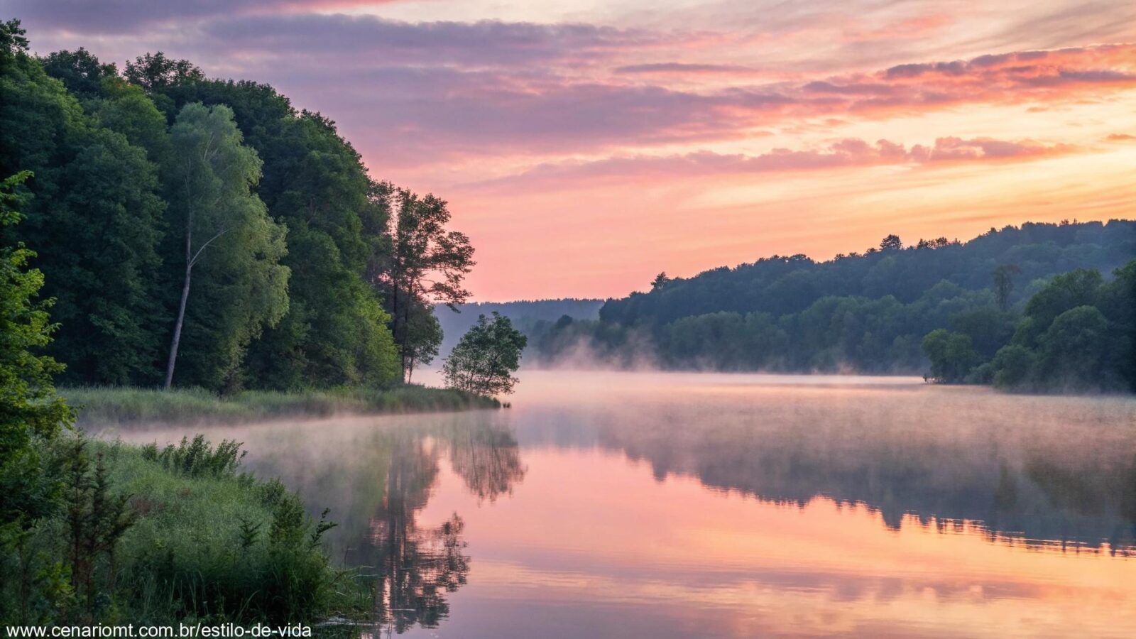 Um nascer do sol sereno sobre um lago calmo com cores pastéis suaves, cercado por árvores verdes exuberantes e uma névoa suave subindo da água