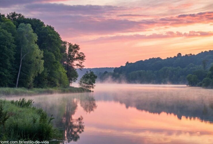 Um nascer do sol sereno sobre um lago calmo com cores pastéis suaves, cercado por árvores verdes exuberantes e uma névoa suave subindo da água