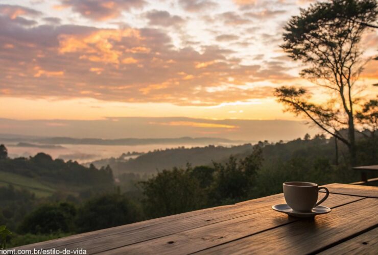 Cena tranquila de amanhecer com xícara de café e vista da natureza.