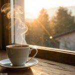 Uma cena aconchegante com uma xícara de café fumegante sobre uma mesa perto de uma janela, com luz suave filtrando, criando uma atmosfera tranquila para uma mensagem de bom dia na sexta-feira, 14 de março de 2025.