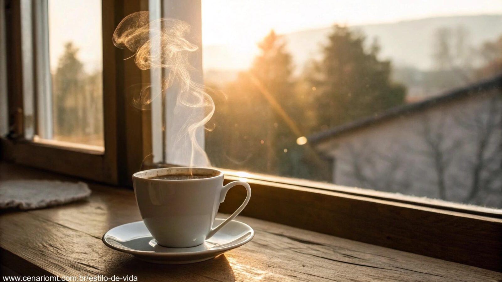 Uma cena aconchegante com uma xícara de café fumegante sobre uma mesa perto de uma janela, com luz suave filtrando, criando uma atmosfera tranquila para uma mensagem de bom dia na sexta-feira, 14 de março de 2025.