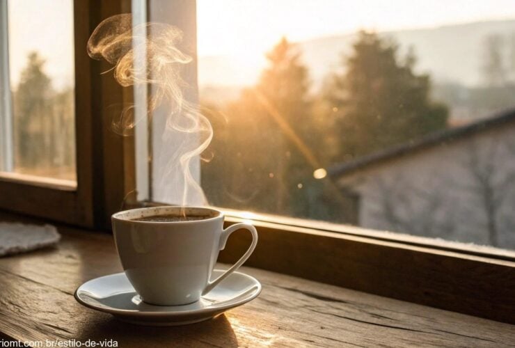 Uma cena aconchegante com uma xícara de café fumegante sobre uma mesa perto de uma janela, com luz suave filtrando, criando uma atmosfera tranquila para uma mensagem de bom dia na sexta-feira, 14 de março de 2025.