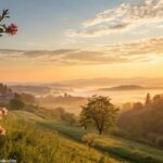 Imagem de um amanhecer tranquilo, com raios de sol suaves e flores desabrochando.