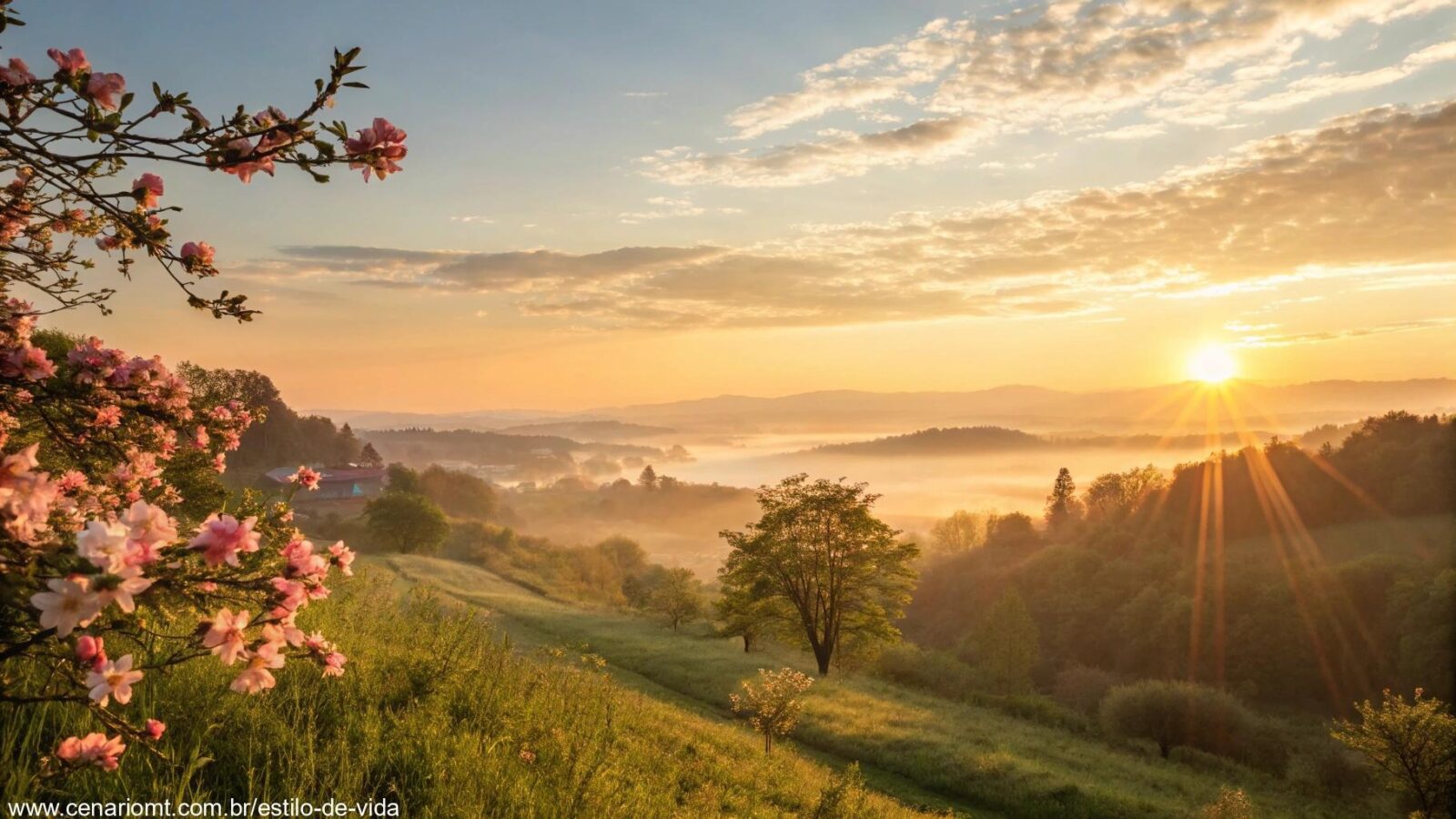 Imagem de um amanhecer tranquilo, com raios de sol suaves e flores desabrochando.