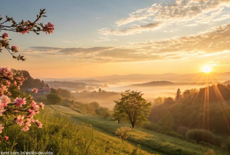 Imagem de um amanhecer tranquilo, com raios de sol suaves e flores desabrochando.