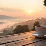 Cenário sereno de manhã com cores suaves, uma xícara de café em uma mesa de madeira com um nascer do sol suave ao fundo.