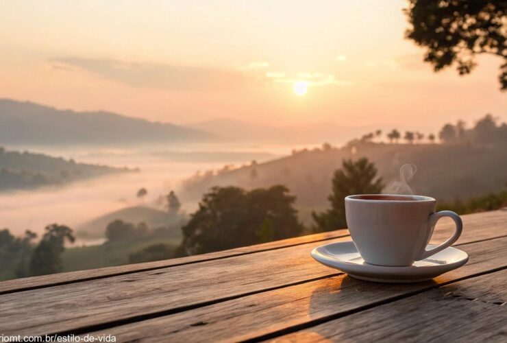 Cenário sereno de manhã com cores suaves, uma xícara de café em uma mesa de madeira com um nascer do sol suave ao fundo.