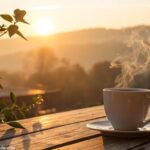 Imagem de uma manhã serena com um nascer do sol suave e uma xícara de café quente em uma mesa de madeira.