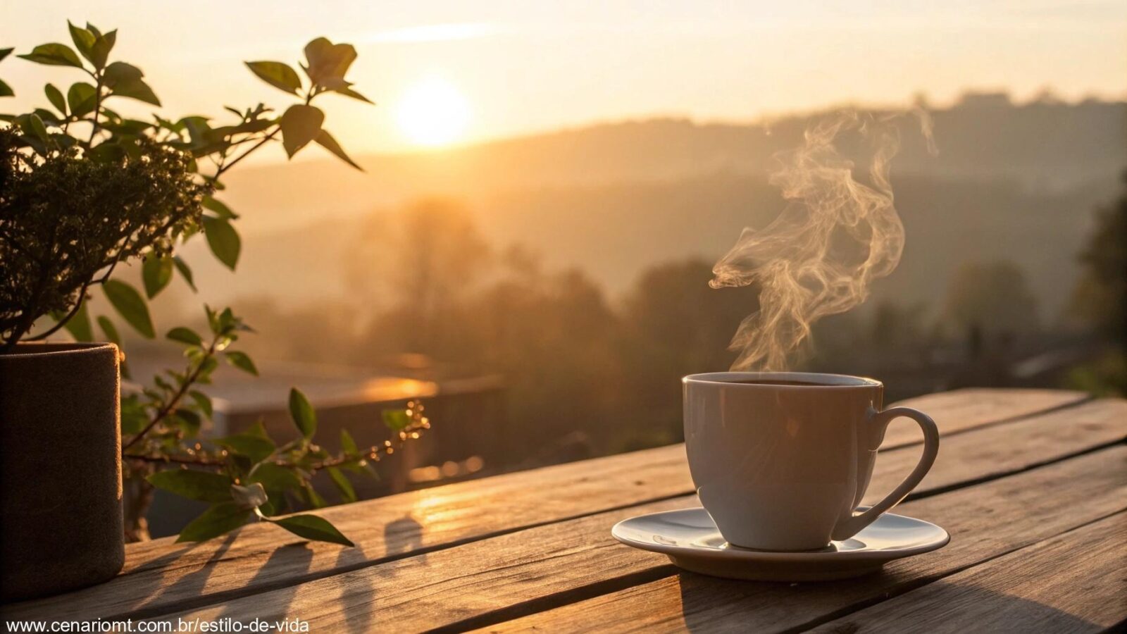 Imagem de uma manhã serena com um nascer do sol suave e uma xícara de café quente em uma mesa de madeira.
