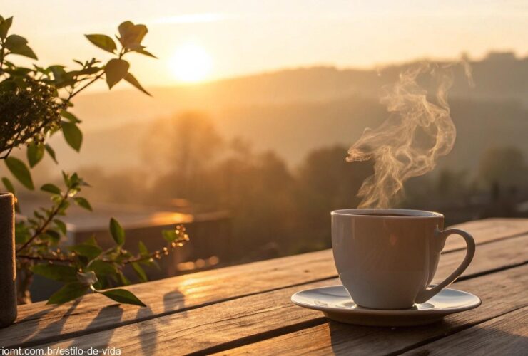 Imagem de uma manhã serena com um nascer do sol suave e uma xícara de café quente em uma mesa de madeira.