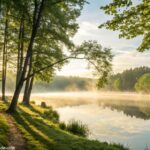 Cena tranquila de um lago ao amanhecer com luz suave e névoa leve