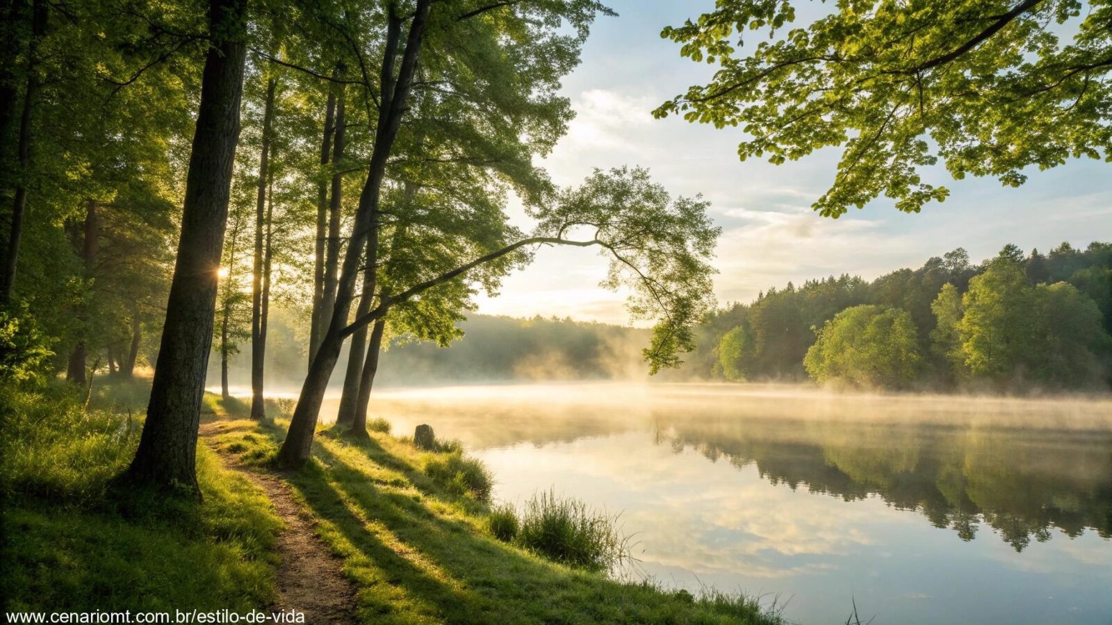 Cena tranquila de um lago ao amanhecer com luz suave e névoa leve