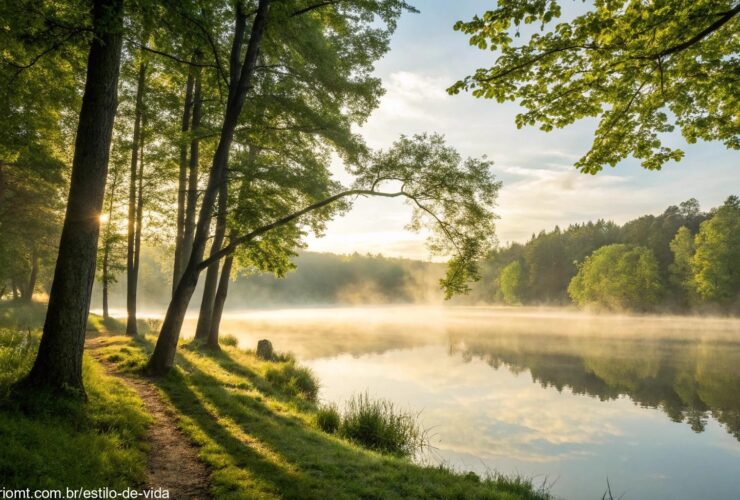 Cena tranquila de um lago ao amanhecer com luz suave e névoa leve