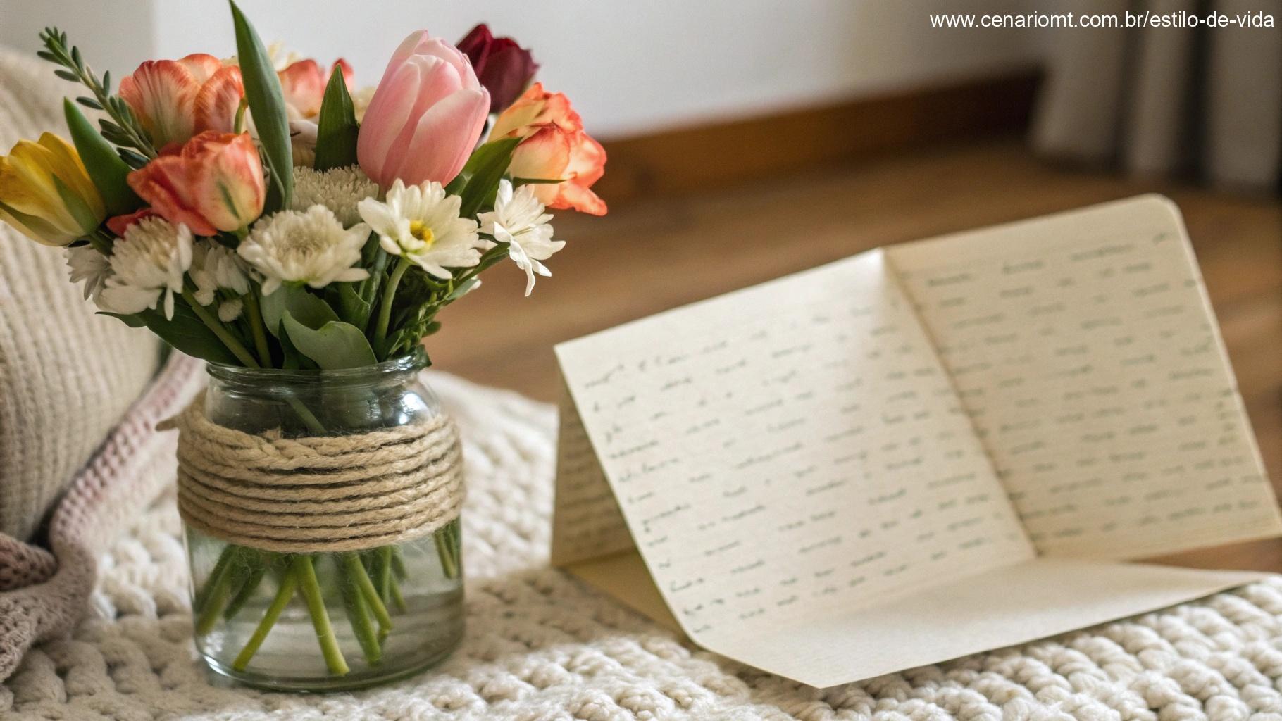 Cartão com a mensagem 'Bom dia' ao lado de um vaso com flores frescas.