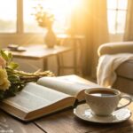 Cena tranquila de manhã de domingo com luz dourada suave, uma Bíblia, uma xícara de café e flores frescas sobre uma mesa de madeira.