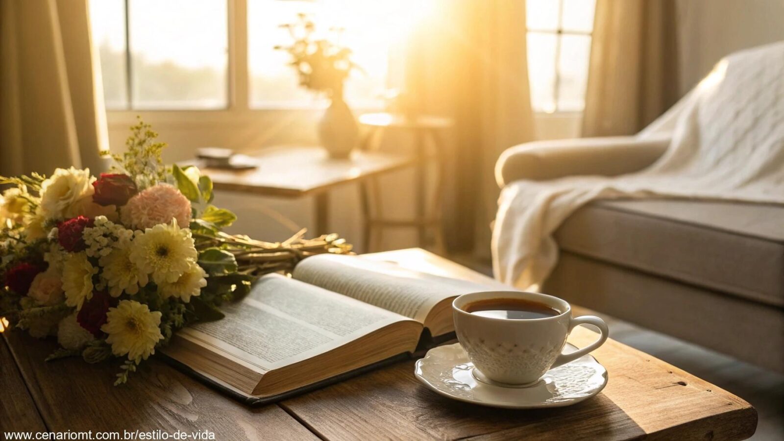 Cena tranquila de manhã de domingo com luz dourada suave, uma Bíblia, uma xícara de café e flores frescas sobre uma mesa de madeira.