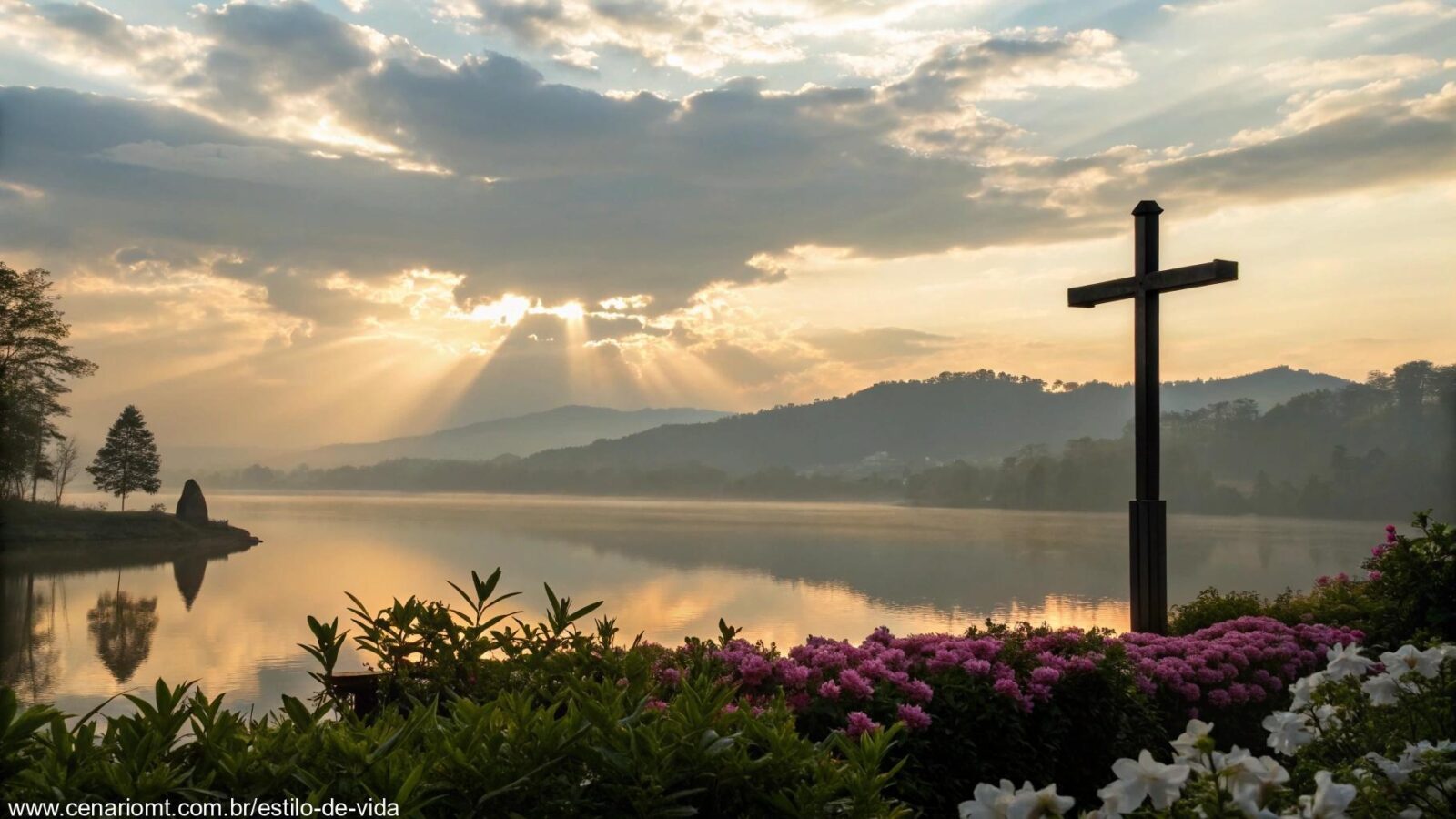Nascer do sol sereno sobre um lago calmo com uma silhueta de cruz em primeiro plano, cercado por flores desabrochando e raios de luz suaves atravessando as nuvens