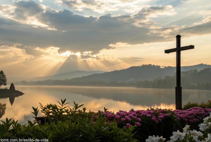 Nascer do sol sereno sobre um lago calmo com uma silhueta de cruz em primeiro plano, cercado por flores desabrochando e raios de luz suaves atravessando as nuvens