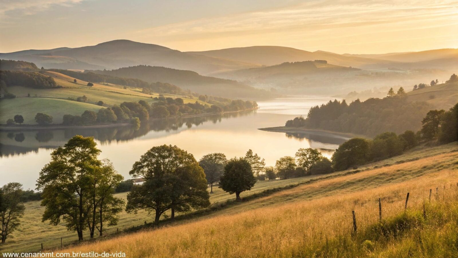 Paisagem serena ao amanhecer com luz dourada suave sobre colinas e um lago tranquilo, evocando uma sensação de oração matinal para domingo.