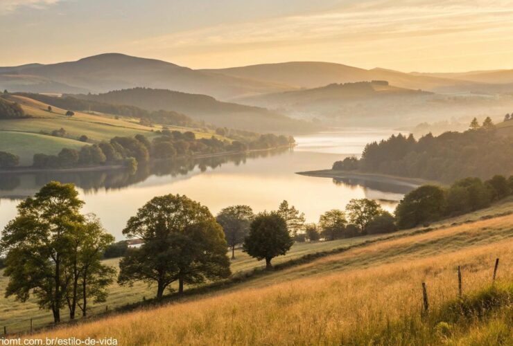 Paisagem serena ao amanhecer com luz dourada suave sobre colinas e um lago tranquilo, evocando uma sensação de oração matinal para domingo.