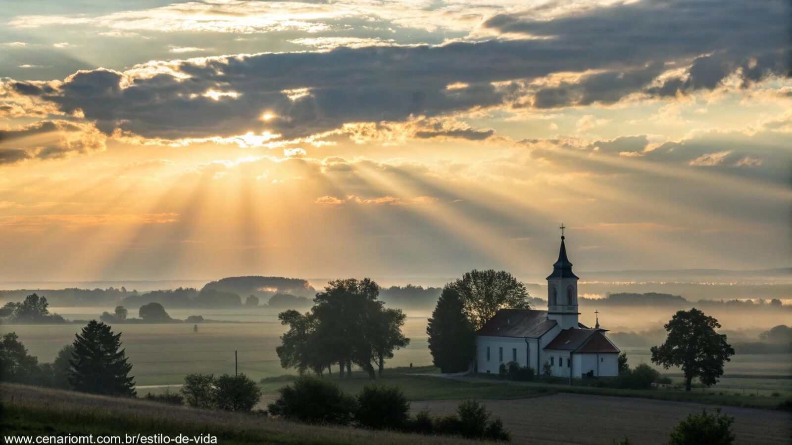 Imagem representando uma paisagem serena com um nascer do sol tranquilo e uma silhueta de igreja.