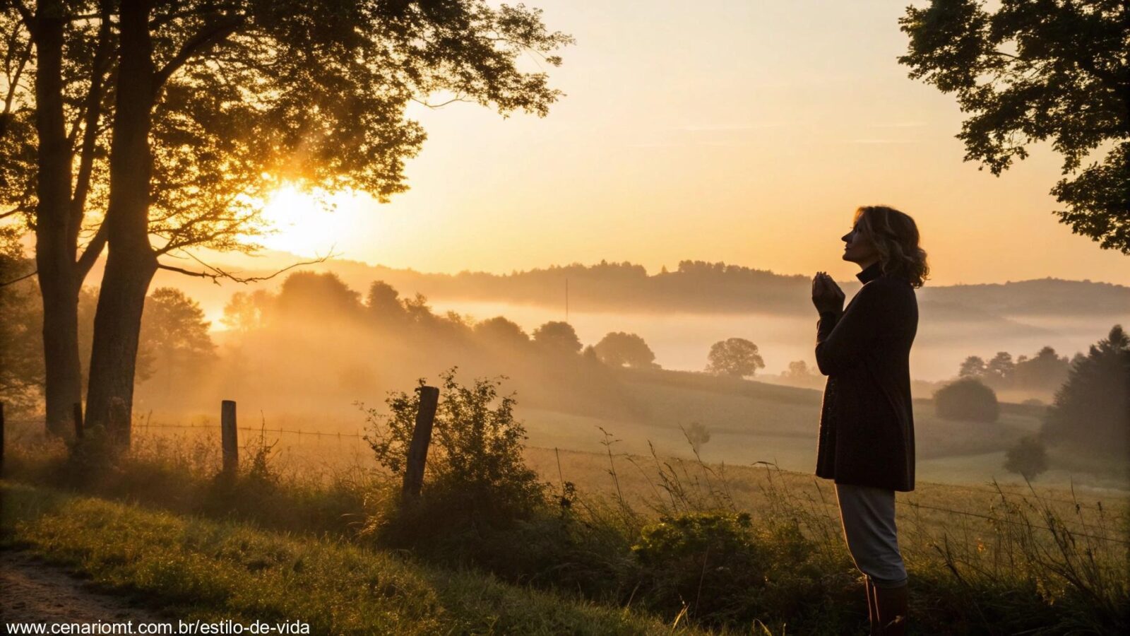 Nascer do sol tranquilo com luz dourada sobre um campo sereno, uma mulher em oração.
