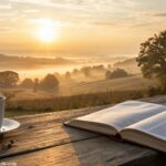 Cenário tranquilo de sábado ao amanhecer com uma Bíblia aberta e uma xícara de café.