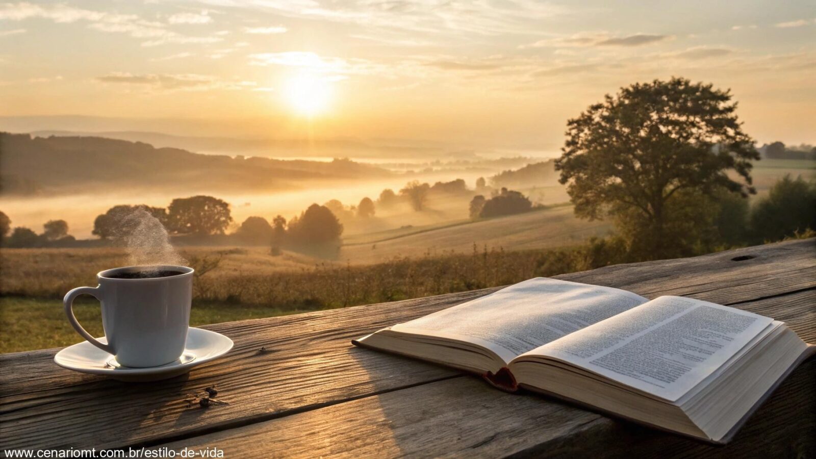 Cenário tranquilo de sábado ao amanhecer com uma Bíblia aberta e uma xícara de café.