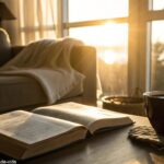 Imagem de uma manhã tranquila com luz suave do sol filtrando através de uma janela, destacando uma bíblia, uma xícara de café e uma atmosfera serena em uma sala de estar aconchegante, simbolizando fé e oração para a manhã de quinta-feira.