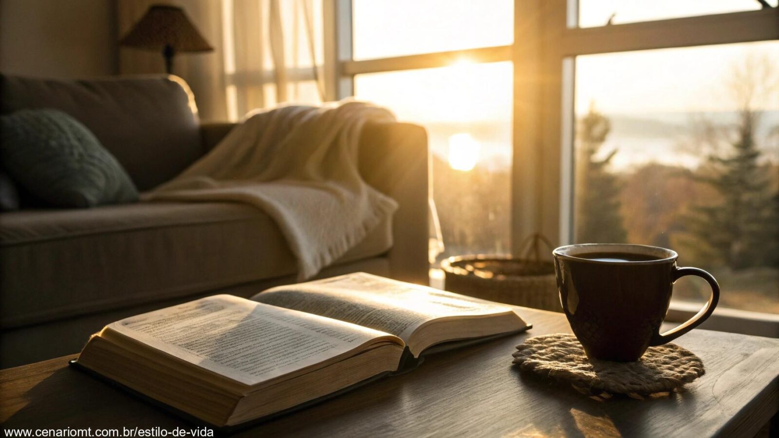 Imagem de uma manhã tranquila com luz suave do sol filtrando através de uma janela, destacando uma bíblia, uma xícara de café e uma atmosfera serena em uma sala de estar aconchegante, simbolizando fé e oração para a manhã de quinta-feira.