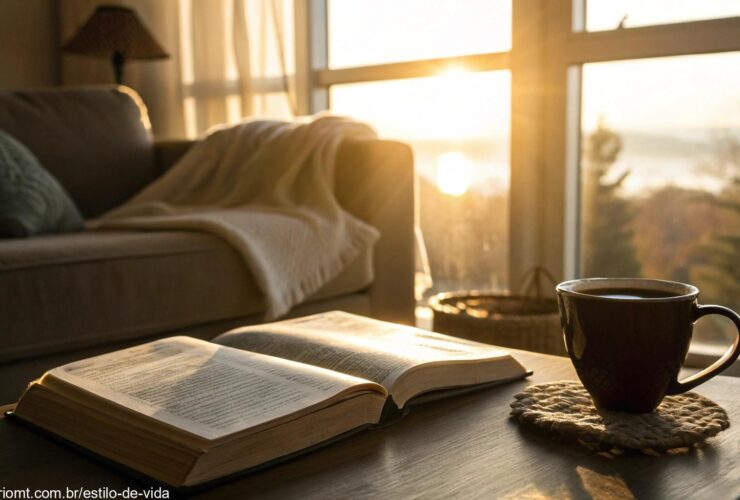 Imagem de uma manhã tranquila com luz suave do sol filtrando através de uma janela, destacando uma bíblia, uma xícara de café e uma atmosfera serena em uma sala de estar aconchegante, simbolizando fé e oração para a manhã de quinta-feira.