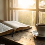 Cenário tranquilo de manhã com uma Bíblia aberta, uma xícara de café e luz suave entrando pela janela.