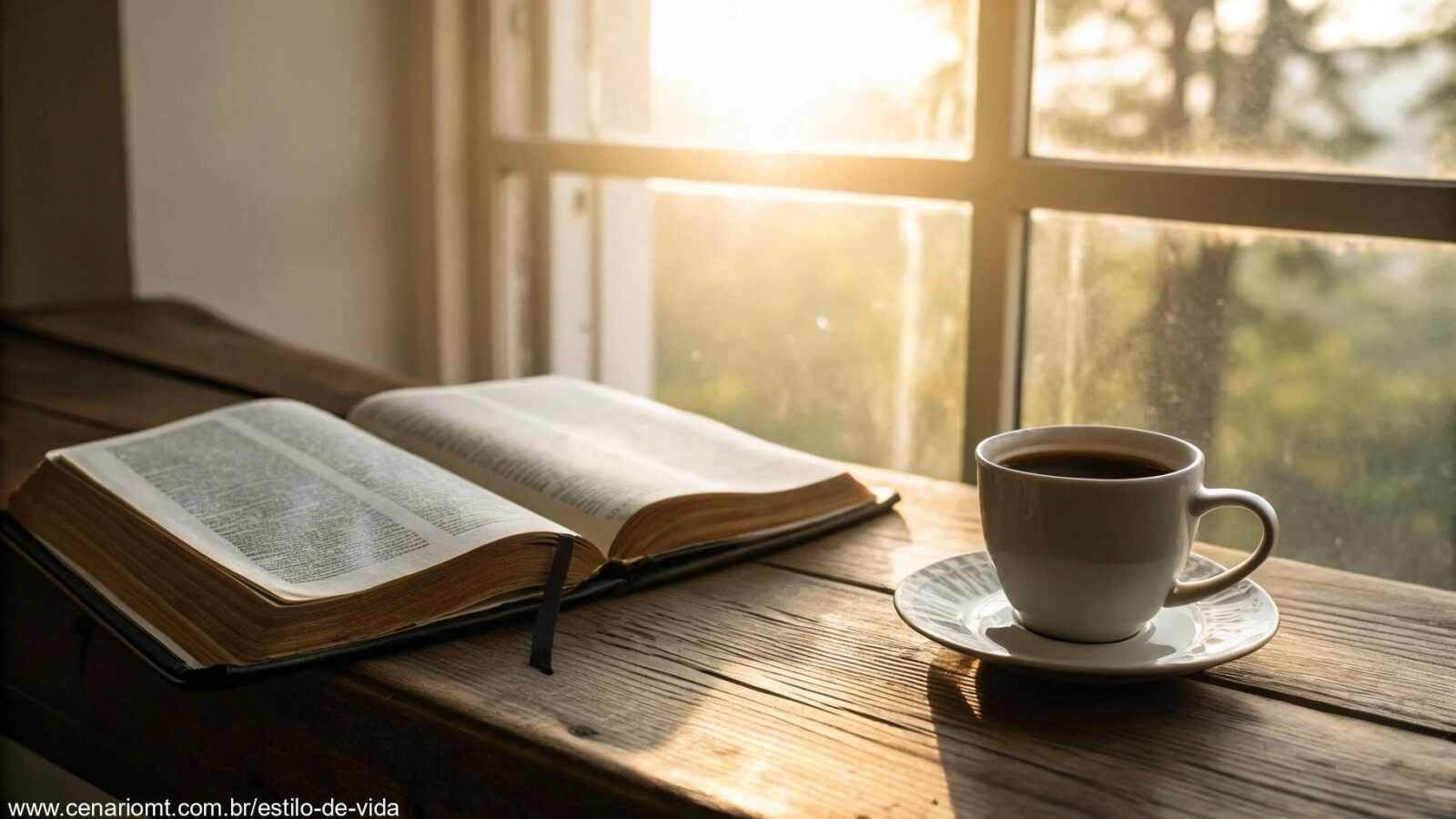 Cenário tranquilo de manhã com uma Bíblia aberta, uma xícara de café e luz suave entrando pela janela.