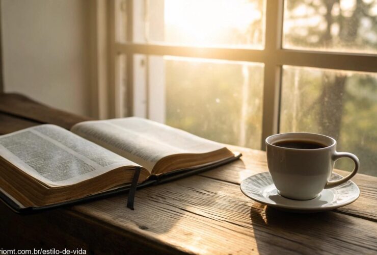 Cenário tranquilo de manhã com uma Bíblia aberta, uma xícara de café e luz suave entrando pela janela.