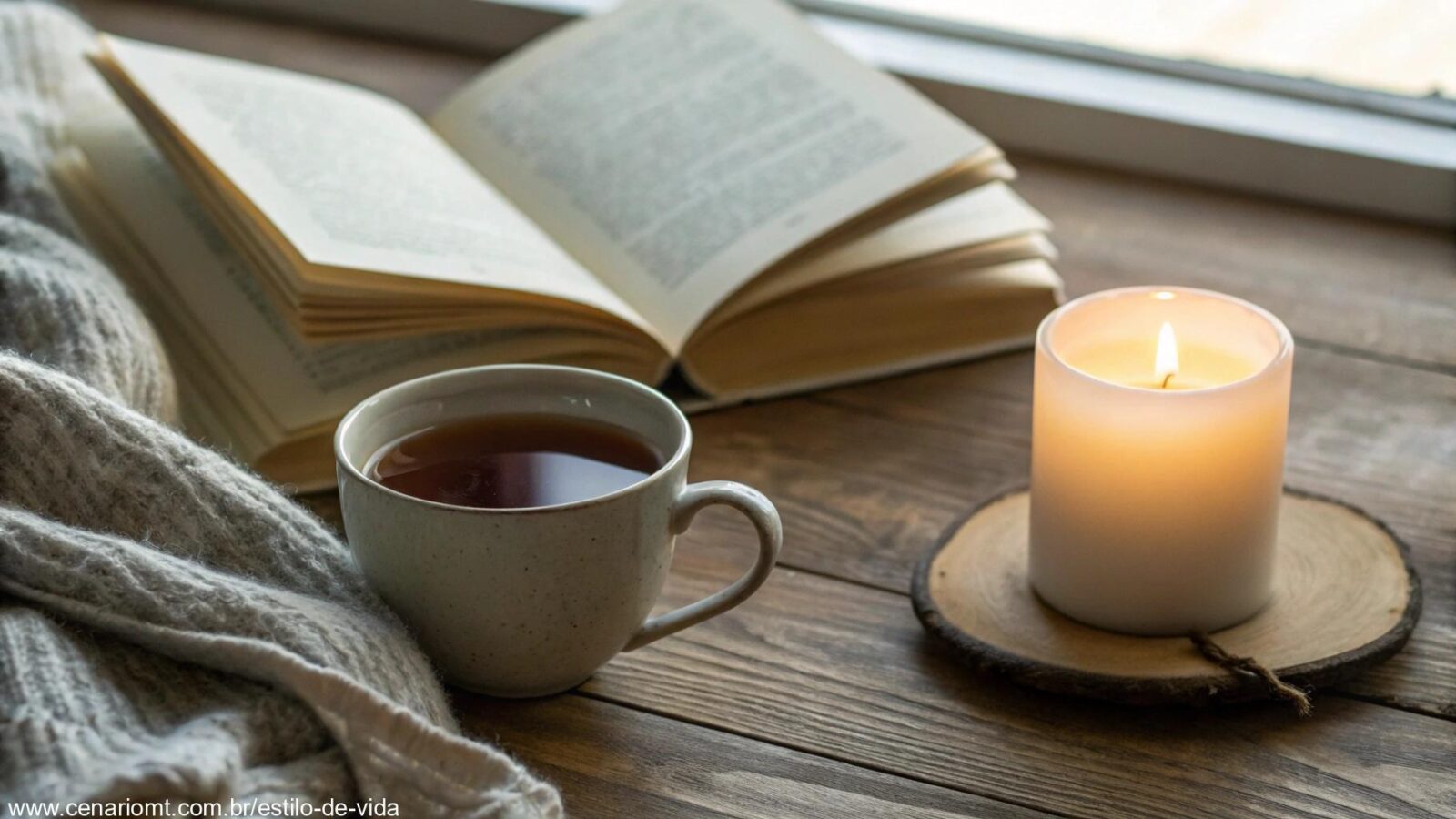 Paisagem tranquila ao amanhecer com uma Bíblia aberta sobre uma mesa de madeira, café quente e flores brancas, transmitindo paz e reflexão para a quinta-feira.