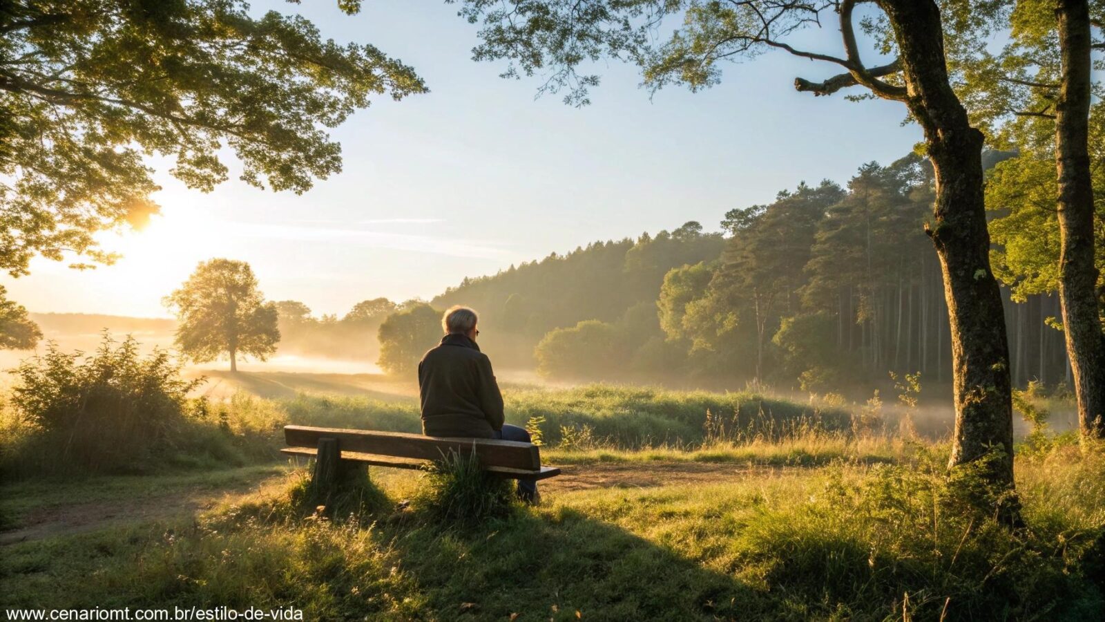 Imagem de uma manhã tranquila com luz dourada filtrando pelas árvores, uma paisagem serena com uma pessoa sentada em um banco de madeira lendo a Bíblia.