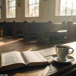 Cena tranquila de manhã com luz suave entrando por uma janela de igreja, Bíblia aberta sobre uma mesa de madeira e uma xícara de café ao lado.