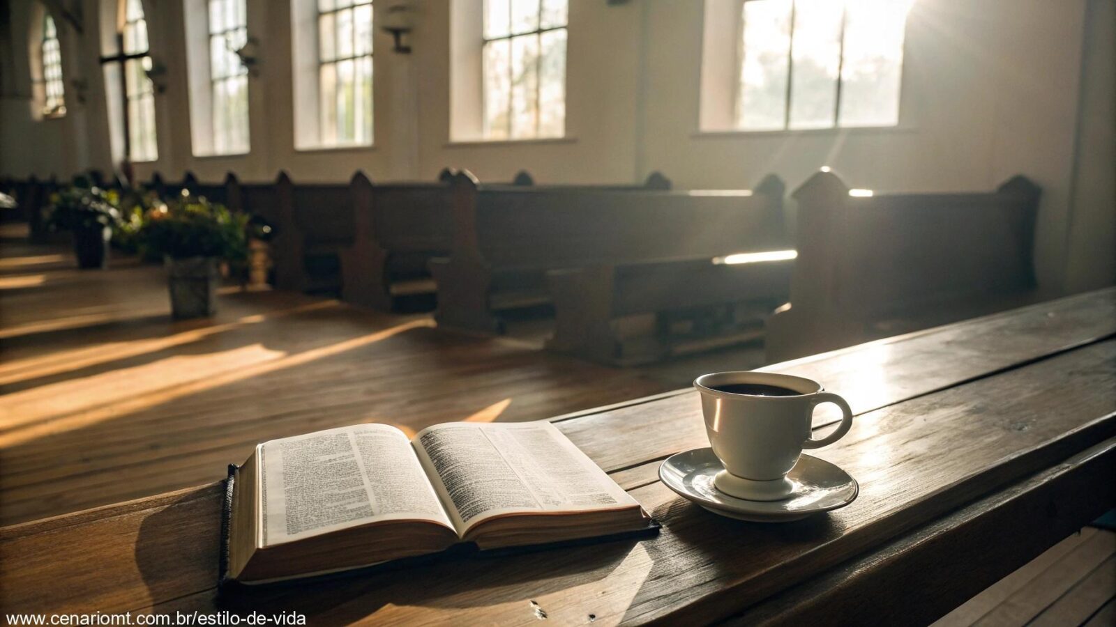 Cena tranquila de manhã com luz suave entrando por uma janela de igreja, Bíblia aberta sobre uma mesa de madeira e uma xícara de café ao lado.
