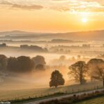 Amanhecer sereno sobre o campo com luz dourada suave, transmitindo fé e esperança.